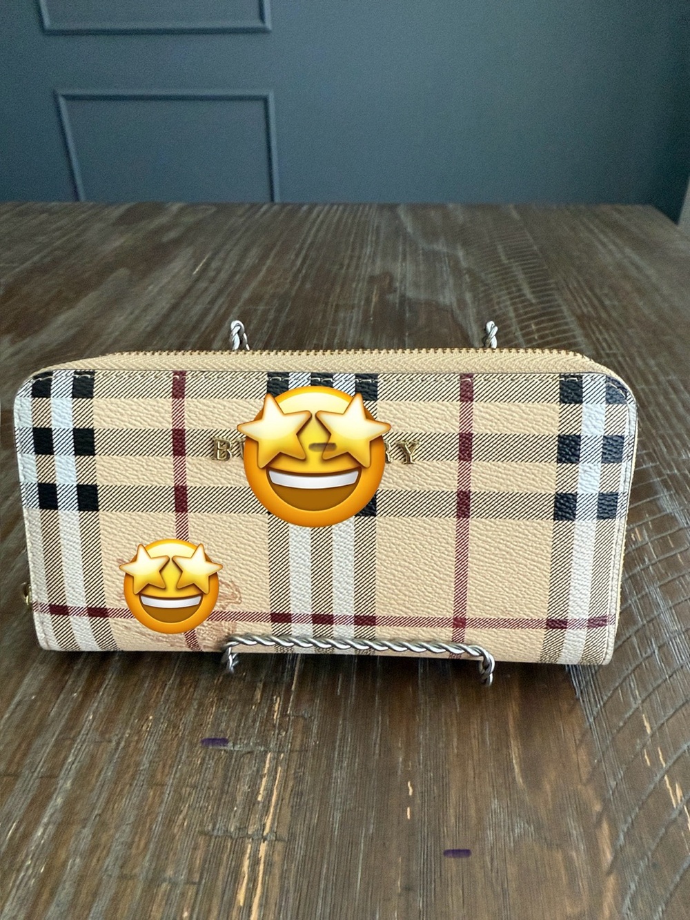 Plaid Zip-Around Wallet with Gold Logo
